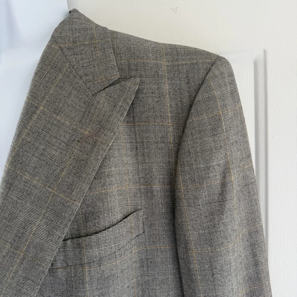 Vintage Alan Flusser Sport Coat Mens 44R Gray Glen Plaid Wool Tweed 80s Academia